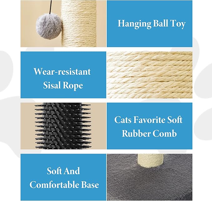 MeowHomm 32" Cat Scratching Post with Self Groomer Cat Brush, Sisal Rope Tall Cat Scratching Post with Soft Hanging Ball for Indoor Cats, Cat Claw Scratcher Covered with Soft Smooth Plush - PAWPICO