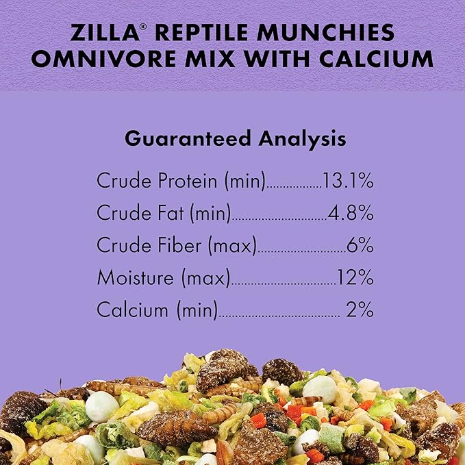 Zilla Reptile Munchies, Omnivore Mix with Calcium, Dehydrated and Sun Dried Vegetables and Insects, Natural with Added Calcium, Resealable Bag 4 oz. Zilla