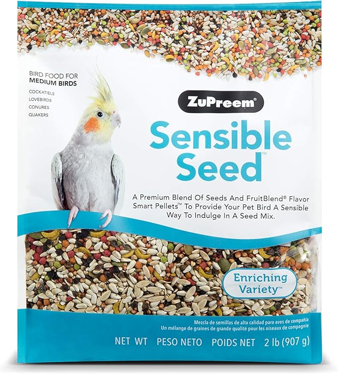 ZuPreem Sensible Seed Bird Food, Cockatiel, Lovebird, Quaker, Small Conure, Lorikeet, Seed and Pellet Blend for Medium Birds, Food Mixer Topper, Enriching Variety, Made in USA, Bird Seed (M, 2 lb) ZuPreem