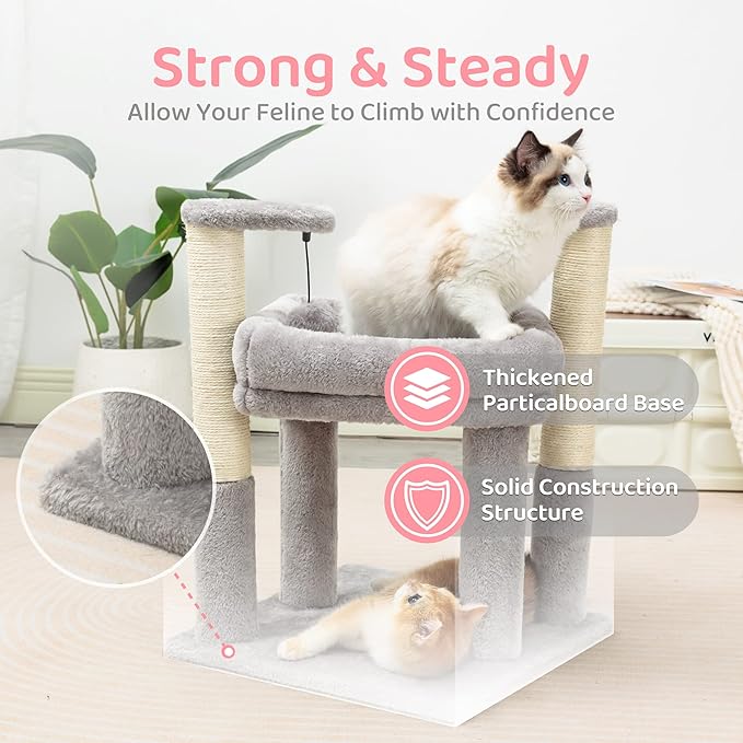 Made4Pets Cat Tree for Indoor Cats, Cat Tower with 2 Natural Sisal Scratching Post for Kitten, Kitty Cat Bed with Pom-pom Dangling Balls, Grey, DIY - PAWPICO