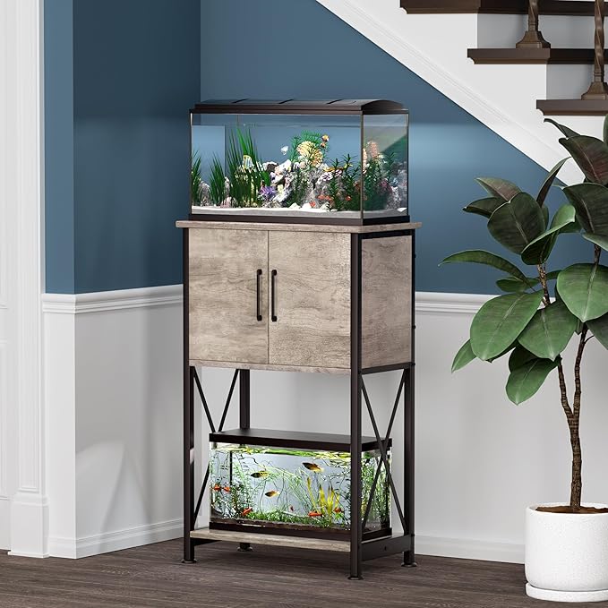 5-10 Gallon Fish Tank Stand, Metal Double Aquarium Stand with Cabinet for Fish Tank Accessories Storage, Heavy Duty 20.5" L* 11.02" W Tabletop, 500LBS Capacity Grey PG06YGZ Herture