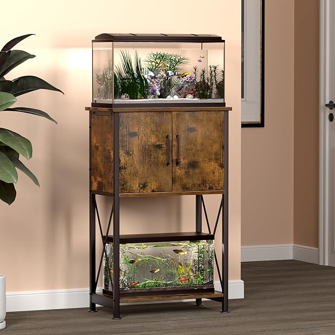 5-10 Gallon Fish Tank Stand, Metal Double Aquarium Stand with Cabinet for Fish Tank Accessories Storage, Heavy Duty 20.5" L* 11.02" W Tabletop, 500LBS Capacity Rustic Brown and Black PG06YGN Herture