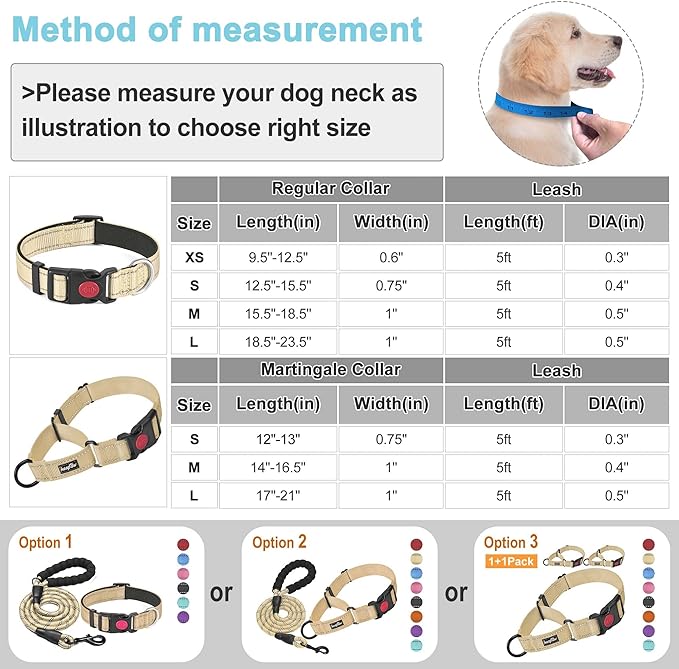 haapaw 2 Packs Martingale Dog Collar with Quick Release Buckle Reflective Dog Training Collars for Small Medium Large Dogs (Collar+Collar, M Neck 14"-16.5", Beige, 1+1 Packs) haapaw