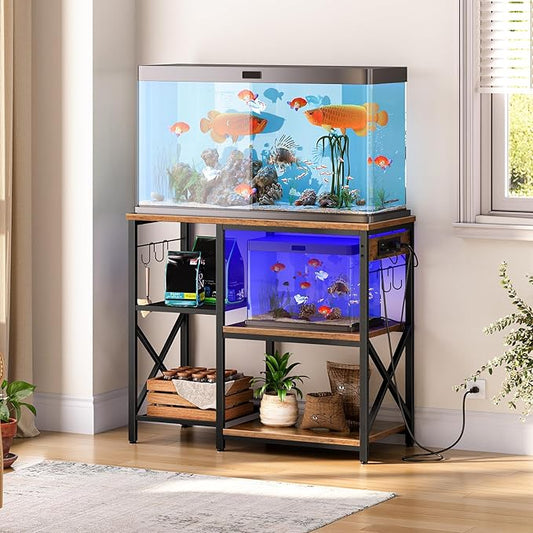 HOOBRO 20-29-37 Gallon Fish Tank Stand with Power Outlets and LED Light, Aquarium Stand with Storage Shelves, 35.4" L x 15.7" W, Reptile Tank Stand with Stable Metal Frame, Rustic Brown BF80UDFT01 HOOBRO