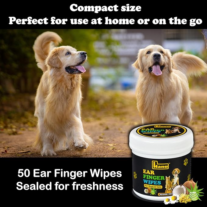 Hanu Ear Finger Wipes for Dogs & Cats Gently Remove Dirt, Wax & Debris - Relieve Ear Itching & Discomfort, Sooths & Deodorizes - All Natural Ingredients - Vet Recommended - 50 Count Hanu