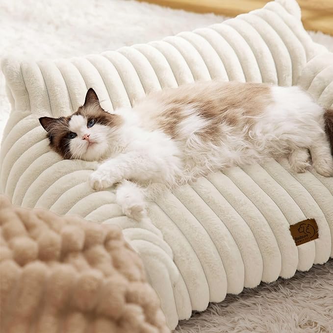Bedsure Cute Cat Couch for Pets - Fluffy Small Dog Sofa with Premium Soft Corduroy Fleece, Pet Sofa with Removable Washable Cover, Supportive Dog Couch Bed for Small Medium Dogs, 30inch, Cream - PAWPICO