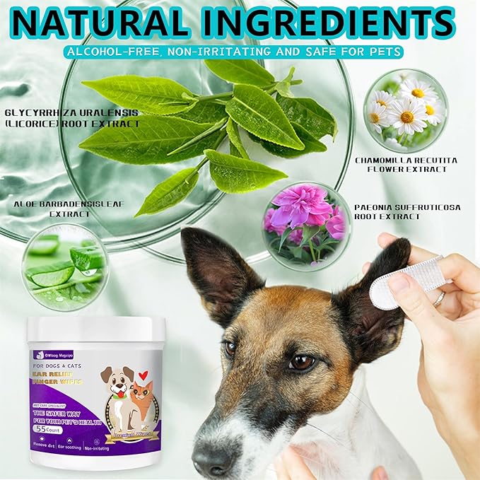 Dog Ear Finger Wipes for Dogs & Cats-Gently Remove Ear Wax,Ear Soothing and Cleaning,Natural ingredients-55 Count QWloog+Magzipo