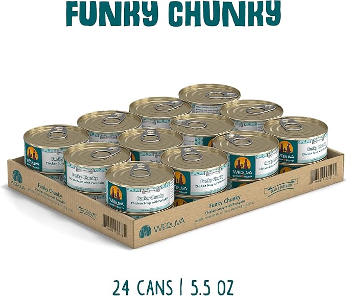 Weruva Classic Dog Food, Funky Chunky Chicken Soup with Chicken Breast & Pumpkin in Gravy, 5.5oz Can (Pack of 24), Blue - PAWPICO