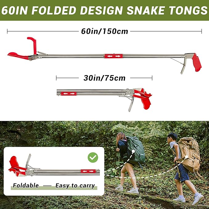 60" Professional Snake Tongs Heavy Duty Reptile Rattle Snake Catcher Wide Jaw Handling Tool Stainless Steel Collapsible Grabber Outdoor Catch Tool with Non-Slip Grip Handle (60inch/150cm) COYXiCE