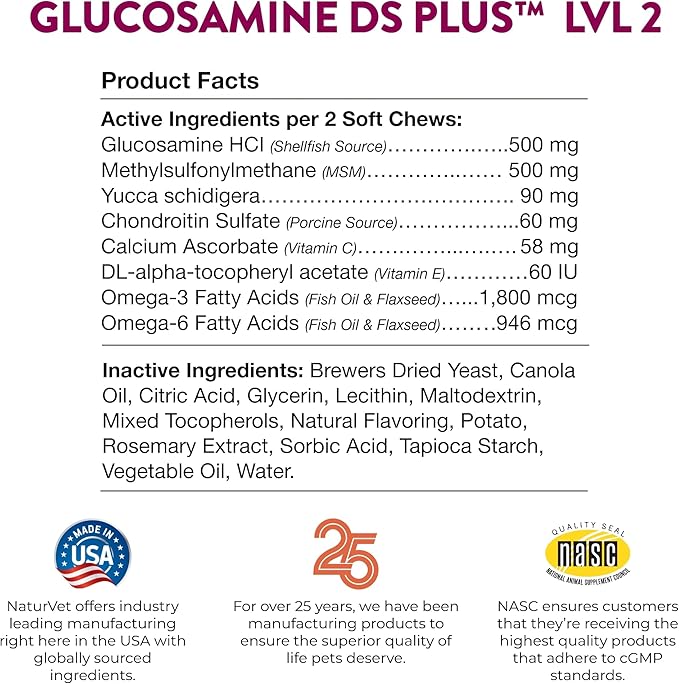 NaturVet – Glucosamine DS Plus - Level 2 Moderate Care – Supports Healthy Hip & Joint Function – Enhanced with Glucosamine, MSM & Chondroitin – for Dogs & Cats – 240 Soft Chews NaturVet