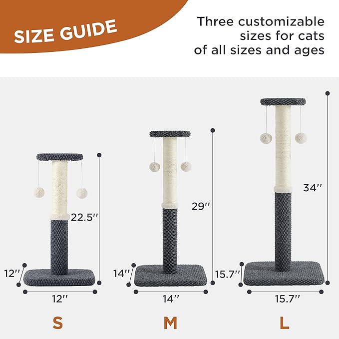 Lesure 29" Tall Cat Scratching Post - Premium Sisal Rope Highly Resistant Carpet Scratching Posts for Indoor Cats Adults, Sturdy Large Cat Scratch Pole with Hanging Ball, Grey(29 inch) - PAWPICO