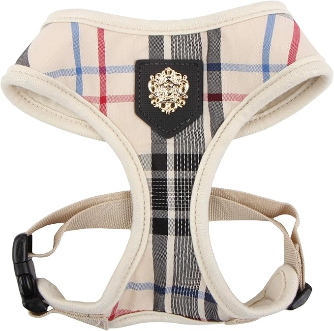 puppia Junior Over-The-Head Dog Harness Checkered Pattern No Choke No Pull Adjustable Chest Belt Walking Training for Small and Medium Dog, X-Small, Beige PUPPIA