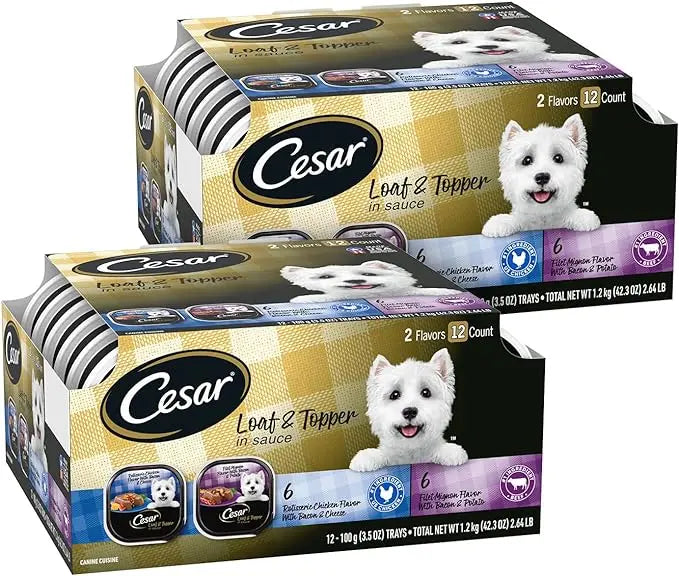 CESAR Soft Wet Dog Food Loaf in Sauce Rotisserie Chicken Flavor with Bacon & Cheese and Filet Mignon Flavor with Bacon & Potato Variety Pack, (12) 3.5 oz. Easy Peel Trays, Pack of 2 - PAWPICO