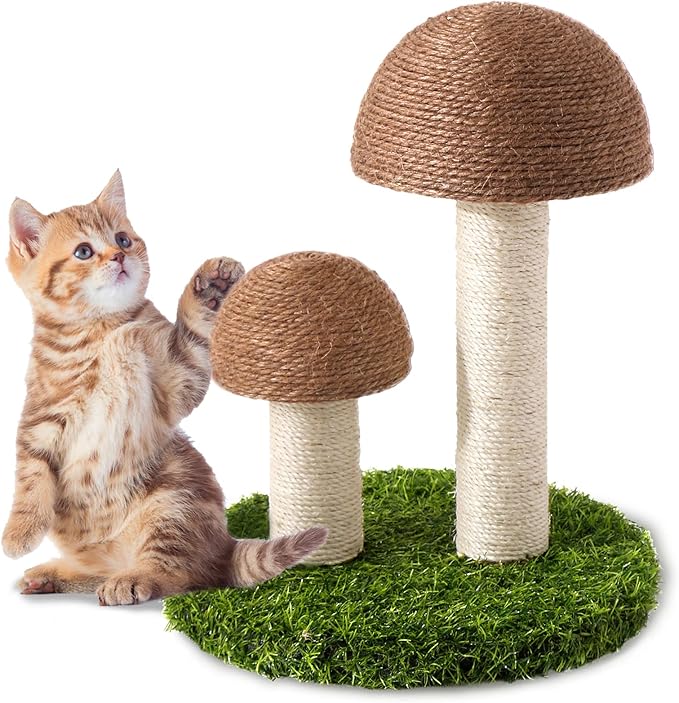 Cat Scratching Post - Mushroom Cat Scratcher Featuring with Natural Sisal Caps Scratch Pole and Sturdy Base for Kittens & Small Cats - Brown - PAWPICO