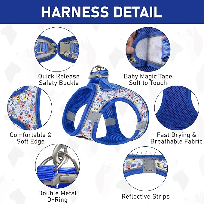 GAMUDA Small Dog Harness Collar and Leash Set, Step in No Chock No Pull Soft Mesh Adjustable Dog Vest Harnesses Plaid Reflective for Dogs Puppy Cats Kitten Rabbit (Blue Flower, M) GAMUDACollarsCollection