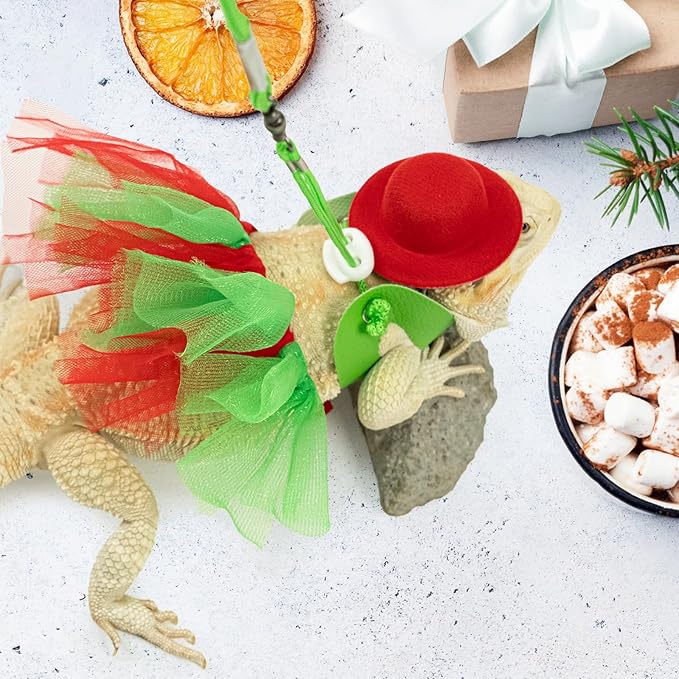 Bearded Dragon Christmas Costume Tutu Skirt Bowler Hat Leash Harness Reptile Christmas Cosplay Accessories Set for Lizard Leopard Gecko(Red) WODISON