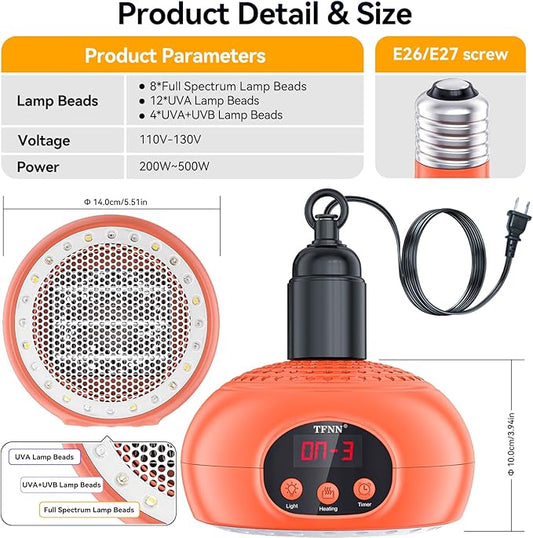 Chicken Coop Heater Lamps,200W-350W-500W Reptile Heating Lamp Upgraded with UVA UVB Ligh 3-6-9-12H Timer,Protable Greenhouse Heater for Outdoor Chicken Coop for Reptile Rabbits Dog Cats (Orange) TFNN