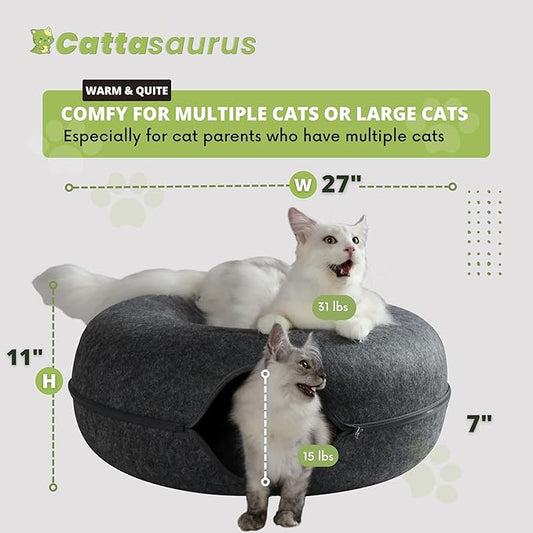 CATTASAURUS Peekaboo Cat Cave for Multiple & Large Cats Up to 30-45 Lbs, Scratch Detachable & Washable Tunnel Bed, Comfy Donut Cat Cave (Dark Gray, Jumbo) - PAWPICO