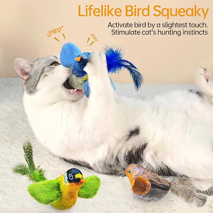 Chirping Bird Cat Toys Hanging Cat Feather Toy - Catnip Interactive Cat Toys for Indoor Cats - Automatic Cat Toy for Cat Exercise & Kicker to Self Play (Gray) - PAWPICO