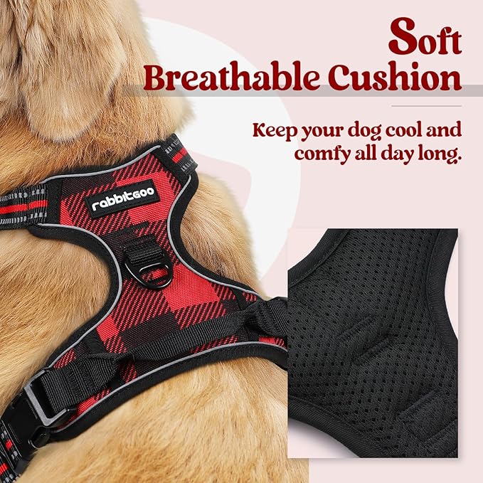 rabbitgoo Dog Harness No Pull with 2 Leash Clips, Adjustable Soft Padded, Reflective Oxford No Choke Pet Vest with Easy Control Handle for Large Dogs, Red Plaid, L rabbitgoo