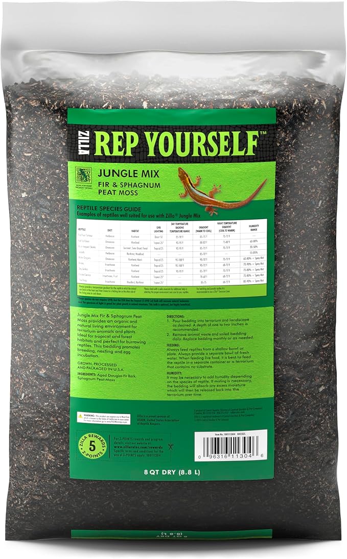 Zilla Pet Reptile Terrarium Substrate Bedding, Jungle Mix, for Frogs, Rainforest Geckos, Toads and Snakes, 8 Quart Zilla