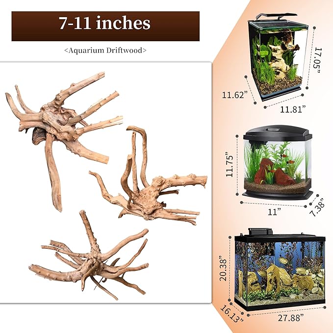 majoywoo Natural Driftwood for Aquarium Decor Fish Tank Decorations, Assorted Spider Wood Branch 7-11" 3 Pcs, Reptile Decor Majoywoo