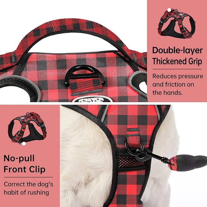 IVY&LANE No Pull Dog Harness with Leash Set, Reflective No Choke Pet Vest,Adjustable Oxford Dog Vest Harness with Easy Control Handle for Medium Lagre Dogs (Checkered Red,M) IVYLANE