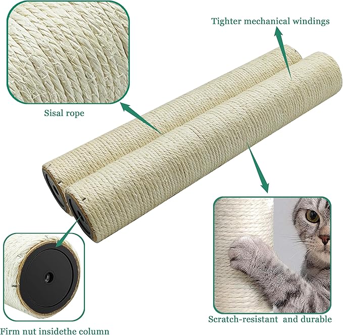 Cat Scratching Post Replacement Pole,2 PCS 15.7in Cat Tree Replacement Post,Natural Sisal Cat Tree Replacement Parts with M8 Screws,Cat Scratch Post Replacement for Refurbishment (15.7in/40cm) - PAWPICO
