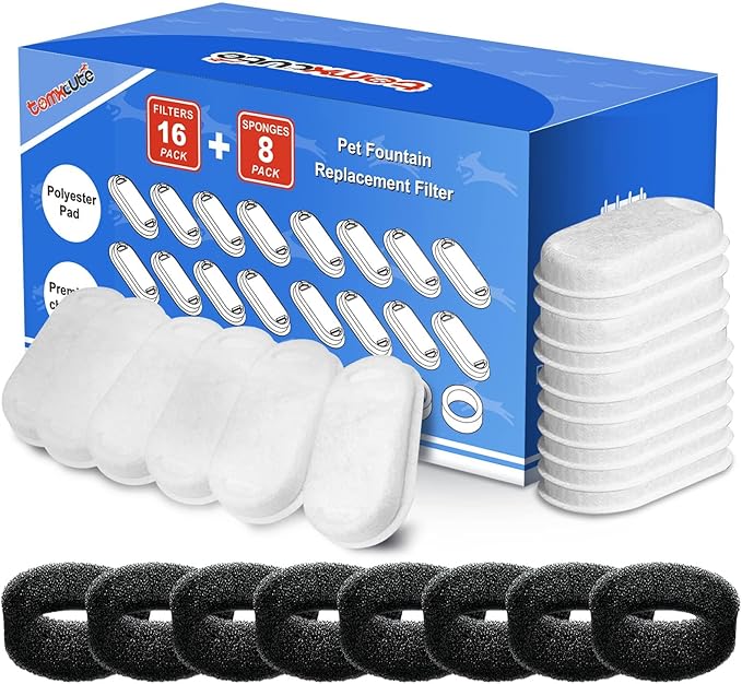 Tomxcute Official Cat Water Fountain Filters for 108oz/3.2L and 135oz/4.0L Adjustable Water Flow Cat Water Fountain, Ultra-Quiet Cat Water Fountain 16 Packs Filters & 8 Sponges Foam Filters - PAWPICO