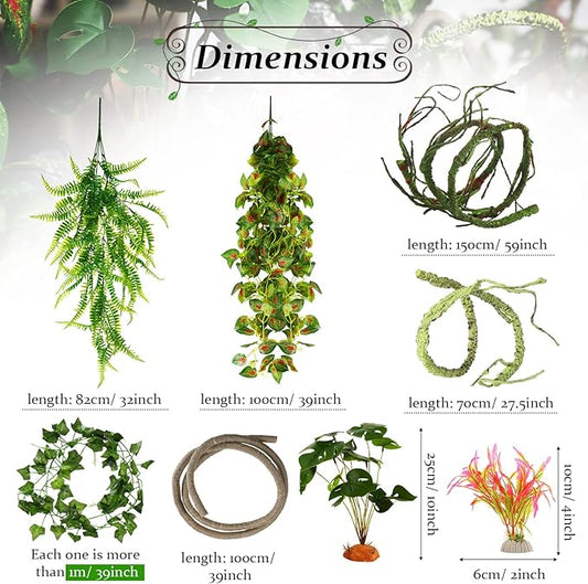 9 Pieces Reptile Jungle Vines Decor Set Include Bendable Flexible Climbing Plastic Plants with Suction Cups Tank Accessories Habitat Decor for Gecko, Snake, Hermit Crab Luinabio