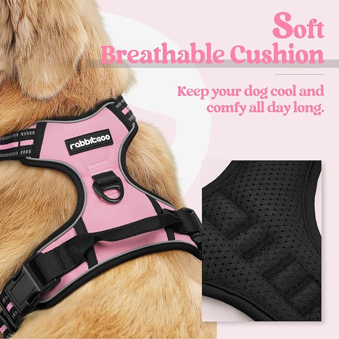 rabbitgoo Dog Harness No Pull with 2 Leash Clips, Adjustable Soft Padded, Reflective Oxford No Choke Pet Vest with Easy Control Handle for Large Dogs, Pink, L rabbitgoo