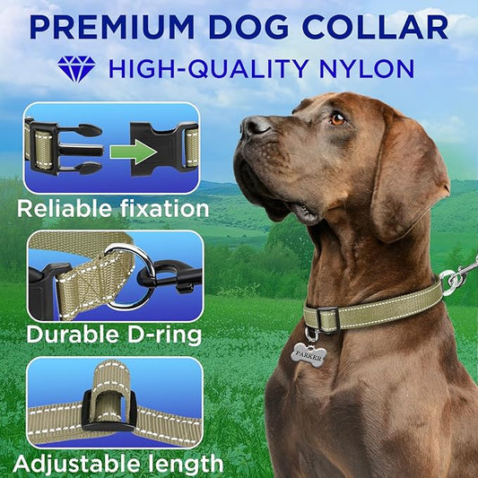TECEUM Reflective Pet Collar – Olive – XS – Basic Nylon Dog Collar – Quick Release Buckle – Fits Small, Medium and Large Dogs, Puppies, Cats – ESA & Service Dog Options TECEUM