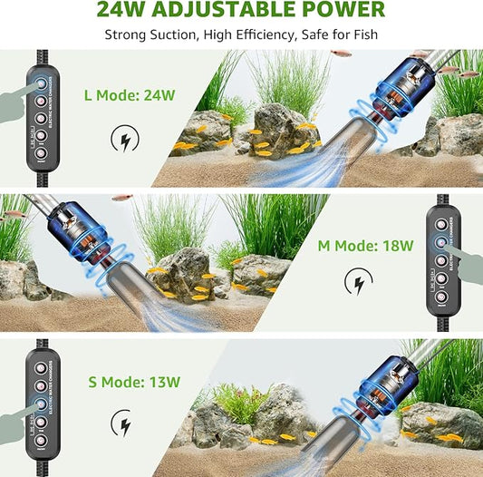24W Aquarium Vacuum Gravel Cleaner: Electric Fish Tank Cleaner Vacuum with Strong Suction for Automatic Water Change, Algae Cleaner Sand Wash Water Shower and Water Circulation, Timed Off Suness