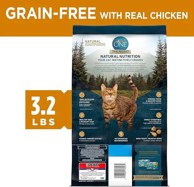 Purina ONE Natural, High Protein, Grain Free Dry Cat Food, True Instinct With Real Chicken - 3.2 lb. Bag - PAWPICO