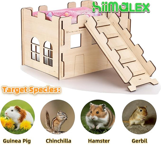 hiimalex Wooden Hamster Castle House with Ramp and Plush Bedding for Chinchilla Guinea Pig Hedgehog Gerbil Hamster Rat Durable Habitats for Playing and Hiding MakeTheKingdomforYourBunnies