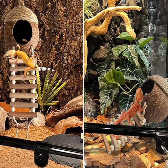Lizard Coco Den with Ladder,Leopard Gecko Coconut Husk Hut Hideout Home Reptile Hammock Climbing Hanging Plants Decor Habitat Tank Accessories for Bearded Dragon Chameleon Snake Hermit Crab MUYG