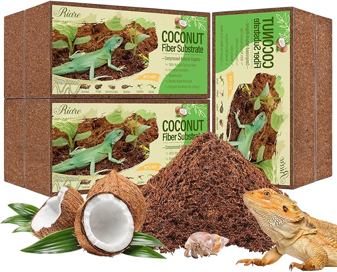 Riare 6 Pack Natural Coconut Fiber Substrate for Reptile- Premium Compressed Coconut Husk Terrarium Bedding for Reptile, Tortoise, Frogs, Snakes Hermit Crabs, Burrowing Animals Riare