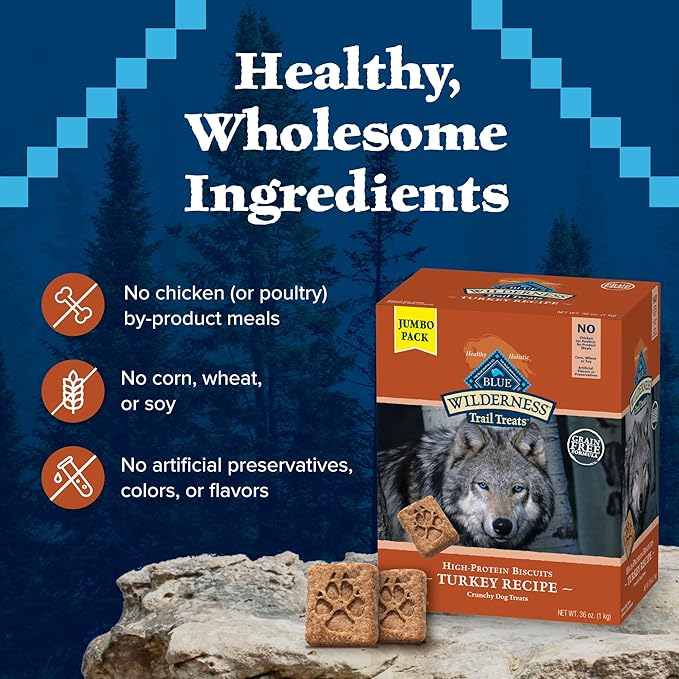 Blue Buffalo Wilderness Trail Treats High Protein Grain Free Crunchy Dog Treats Biscuits, Turkey Recipe, 36-oz box - PAWPICO