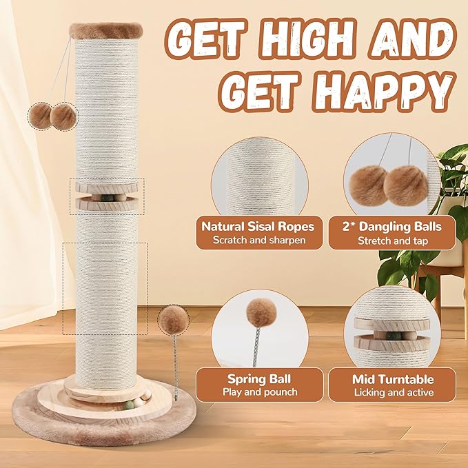 OTOB 32" Tall Cat Scratching Post, 4.3Inch Large Diameter Natural Sisal Rope Scratcher Post for Indoor Large Cats Kittens, 5-in-1 Interactive Turntable Cat Scratch Post (Brown, B-33Inch) - PAWPICO