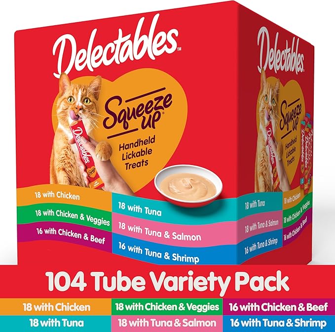 Delectables Squeeze Up Variety Pack, Creamy Squeezable Puree, Lickable Wet Cat Treats, Grain Free, No Added Fillers, No by-Products, No Added Preservatives, 0.5 Ounces Tube, 104 Tubes Total Hartz