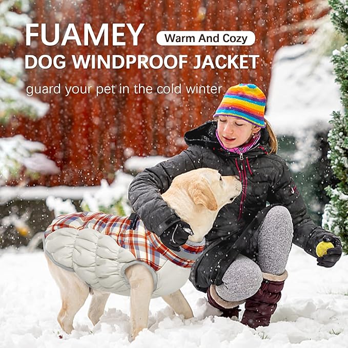 FUAMEY Dog Winter Coat,Dog Jackets with Harness Built in Dog Cold Weather Coats Dog Paded Vest Dog Apparel with Zipper on Back Pet Reflective Clothes for Small Medium Large Dogs Red Plaid S - PAWPICO