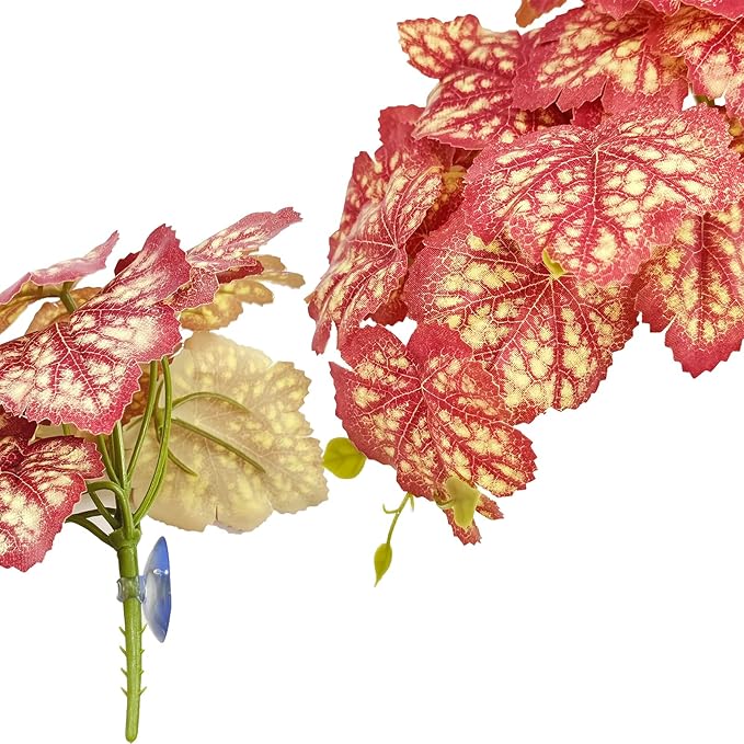 Woyrise Reptile Plants, Terrarium Hanging Plants Vines for Reptile Tank, Amphibian Habitat Leaves Decor with Suction Cup for Bearded Dragon Lizard Snake Gecko Frog Hermit Crab - 2Pcs Pink Heuchera Woyrise