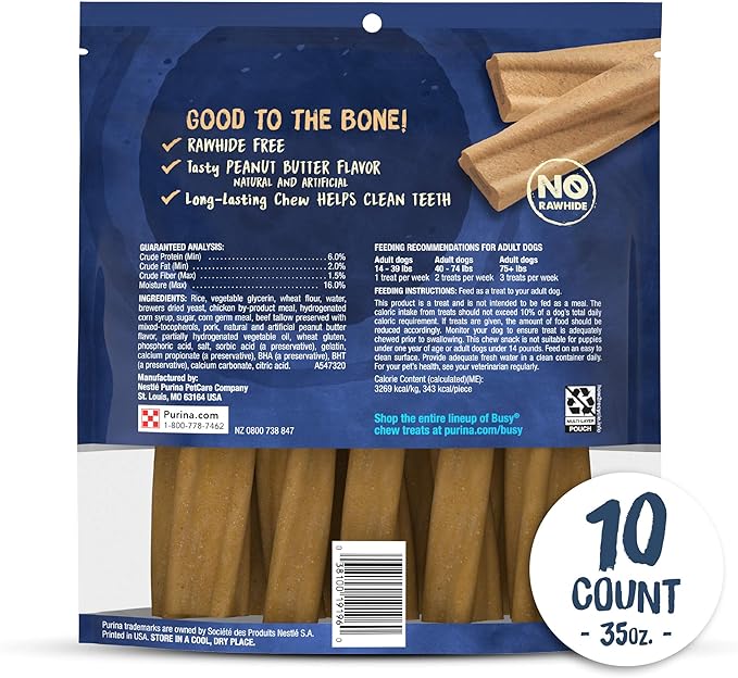 Purina Busy Bone Made in USA Facilities, Long Lasting Small/Medium Breed Adult Dog Chews, Peanut Butter Flavor - 10 ct. Pouch (Pack of 2) - PAWPICO