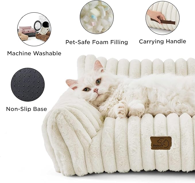 Bedsure Cute Cat Couch for Pets - Fluffy Small Dog Sofa with Premium Soft Corduroy Fleece, Pet Sofa with Removable Washable Cover, Supportive Dog Couch Bed for Small Medium Dogs, 30inch, Cream - PAWPICO