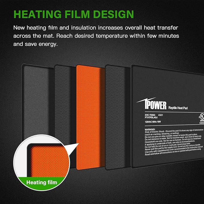 iPower 8 by 12-Inch 16 Watts Reptile Heating Mat with Temperature Controller Under Tank Warmer Terrarium Heat Pad for Reptiles and Amphibians, Black iPower