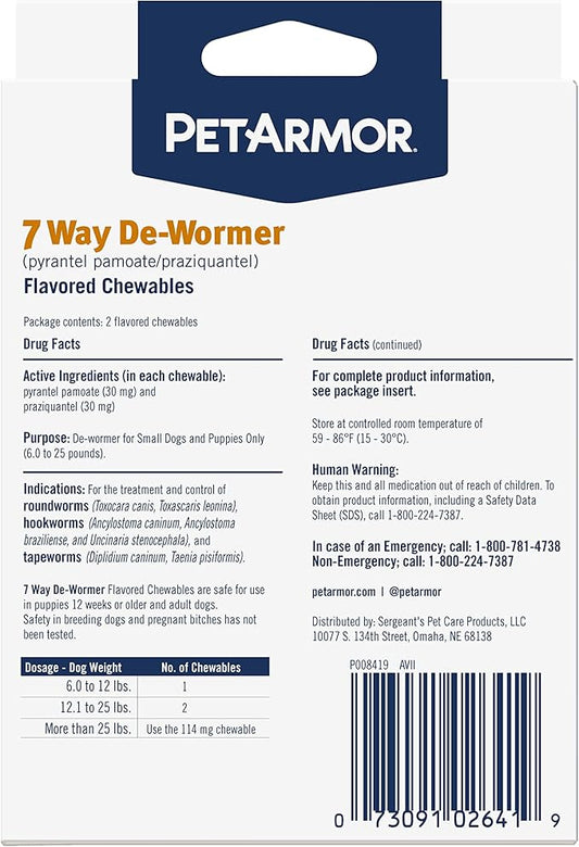 PetArmor 7 Way De-Wormer for Dogs, Oral Treatment for Tapeworm, Roundworm & Hookworm in Small Dogs & Puppies (6-25 lbs), Worm Remover (Praziquantel & Pyrantel Pamoate), 6 Flavored Chewables PetArmor