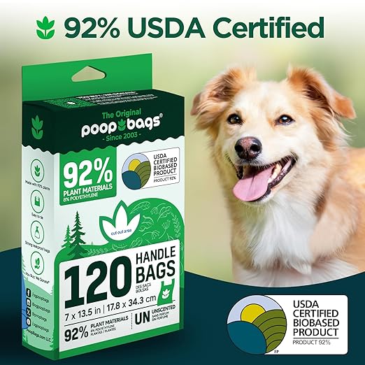 The Original Poop Bags® 120 Dog Poop Bags with Handles USDA Certified 92% Plant Based Poop Bags with Handles Heavy Duty Poop Bags for Dogs Large Dog Poop Bags - PAWPICO