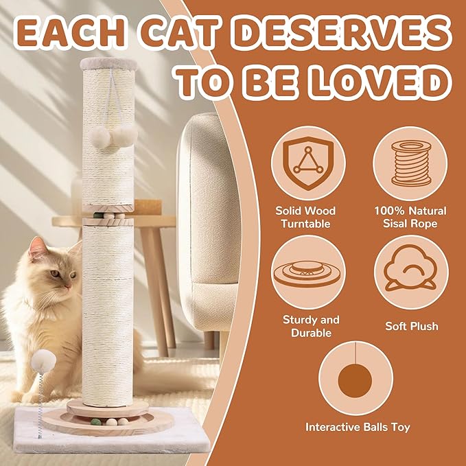 OTOB 33" Tall Cat Scratching Post, 4.3Inch Large Diameter Natural Sisal Rope Scratcher Post, 5-in-1 Interactive Turntable Cat Scratch Post with Soft Hanging Ball Toys for Indoor Large Cats - PAWPICO