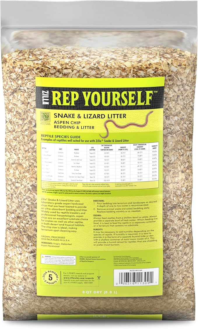 Zilla Snake and Lizard Litter Substrate, Made with Aspen Chips, Ultra Absorbent Bedding, Easy to Clean, 8 Quarts Zilla