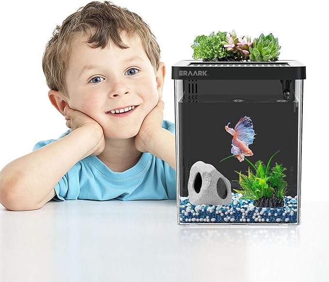 Aquarium kit 1.5 Gallon Betta Fish Tank with Filter LED Light, Water Pump, Decorate Water Plants and Sand, Fish Tank Starter Kits, Fish Bowl ERAARK